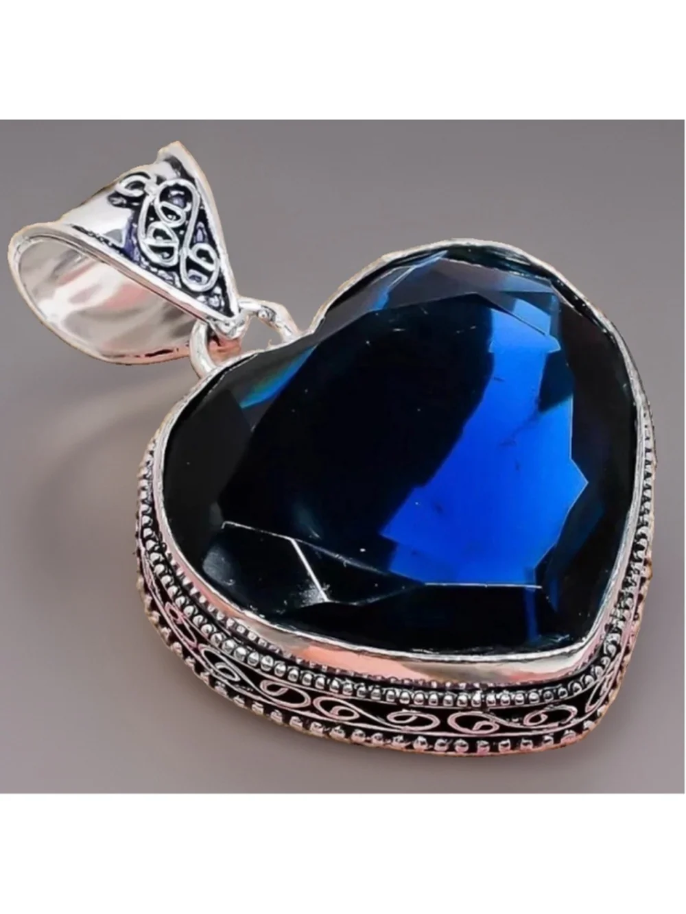 925 Sterling Silver Large Royal Blue Gem Jewelry Heart Boho Pendant 2.2''